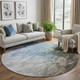 8' Denim Blue Ivory And Taupe Abstract Washable Round Rug With UV Protection