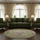 8' Lime Green Purple And Beige Oriental Washable Round Rug With UV Protection
