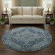 8' Navy Blue And Gray Oriental Washable Round Rug With UV Protection