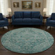 8' Teal And Gray Oriental Washable Round Rug With UV Protection