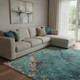 8' X 10' Teal And Beige Abstract Washable Area Rug With UV Protection