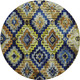 8' Navy Blue Gold And Beige Ikat Washable Round Rug With UV Protection