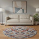8' Blue Copper And Beige Ikat Washable Round Rug With UV Protection