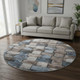 8' Taupe And Blue Striped Washable Round Rug With UV Protection