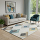 5' X 8' Ivory Blue And Gold Geometric Washable Area Rug With UV Protection