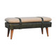 35" Olive Green and Brown Boucle And Genuine Leather and Solid Wood Upholstered Bench