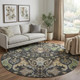 8' Black Olive Green And Gray Floral Washable Round Rug With UV Protection