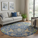 8' Navy Blue Olive Green And Brown Floral Washable Round Rug With UV Protection