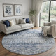 8' Blue Ivory And Gray Geometric Washable Round Rug With UV Protection