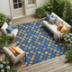 9' X 12' Navy Blue And Copper Floral Washable Indoor Outdoor Area Rug
