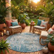 8' Teal Blue And Pewter Round Abstract Washable Indoor Outdoor Area Rug