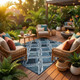 8' Blue And Graphite Round Geometric Washable Indoor Outdoor Area Rug