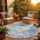 8' Sky Blue And Blue Round Oriental Washable Indoor Outdoor Area Rug