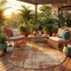 8' Orange And Beige Round Abstract Washable Indoor Outdoor Area Rug