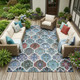9' X 12' Teal Blue And Graphite Ogee Washable Indoor Outdoor Area Rug