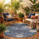 8' Navy Blue And Blue Round Oriental Washable Indoor Outdoor Area Rug