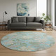 8' Teal Green And Ivory Floral Washable Round Rug With UV Protection