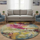 8' Burgundy Pink And Blue Abstract Washable Round Rug With UV Protection