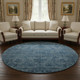 8' Blue And Navy Blue Oriental Washable Round Rug With UV Protection