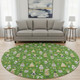 8' Green Gold And Gray Floral Washable Round Rug With UV Protection