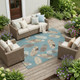 10' X 14' Teal Blue And Ivory Botanical Leaves Washable Indoor Outdoor Area Rug