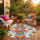 8' Ivory And Coral Round Tribal Washable Indoor Outdoor Area Rug