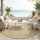 8' Gold And Beige Round Floral Medallion Washable Indoor Outdoor Area Rug