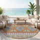 8' Blue And Aqua Round Tribal Washable Indoor Outdoor Area Rug