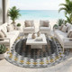8' Black And Linen Round Geometric Washable Indoor Outdoor Area Rug