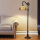 62" Brown Metal Arched Floor Lamp With Amber and Red Flowers Stained Glass Shade