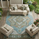 8' X 10' Teal Blue And Graphite Oriental Washable Indoor Outdoor Area Rug