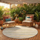 8' Linen And Ivory Round Striped Washable Indoor Outdoor Area Rug