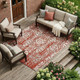 9' X 12' Red And Burgundy Damask Washable Indoor Outdoor Area Rug