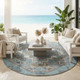 8' Teal Blue And Gray Round Southwestern Washable Indoor Outdoor Area Rug