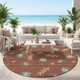 8' Red And Merlot Round Botanical Leaves Washable Indoor Outdoor Area Rug