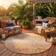 8' Orange And Beige Round Abstract Washable Indoor Outdoor Area Rug