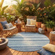 8' Blue And Ivory Round Striped Washable Indoor Outdoor Area Rug