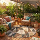 8' Beige And Brown Round Geometric Washable Indoor Outdoor Area Rug