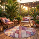 8' Pink And Mauve Round Geometric Washable Indoor Outdoor Area Rug