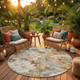 8' Beige And Brown Round Floral Washable Indoor Outdoor Area Rug