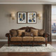 37" Brown Faux Leather and Chenille Sofa And Toss Pillows With Dark Brown Legs