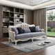 88" Cream Linen Damask Sofa And Toss Pillows With White Legs