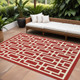 9' X 13' Red and Ivory Geometric Stain Resistant Indoor Outdoor Area Rug