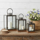 Set of Three Gray And Brown Distressed Geometric Glass Metal And Wood Floor Lantern Candle Holders