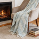 50" X 60" Light Blue And Ivory Striped Cotton Throw Blanket with Fringe
