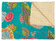50" X 70" Teal And Pink Floral Cotton Quilted Kantha Throw Blanket with Embroidery
