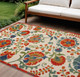 8' X 11' Red Gold Teal Blue And Green Floral Indoor Outdoor Area Rug