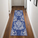 8' Navy Blue and Ivory Damask Distressed Non Skid Runner Rug