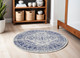 5' Ivory and Navy Blue Geometric Distressed Round Rug