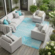 10' X 14' Teal and White Abstract Washable Non Skid Indoor Outdoor Area Rug